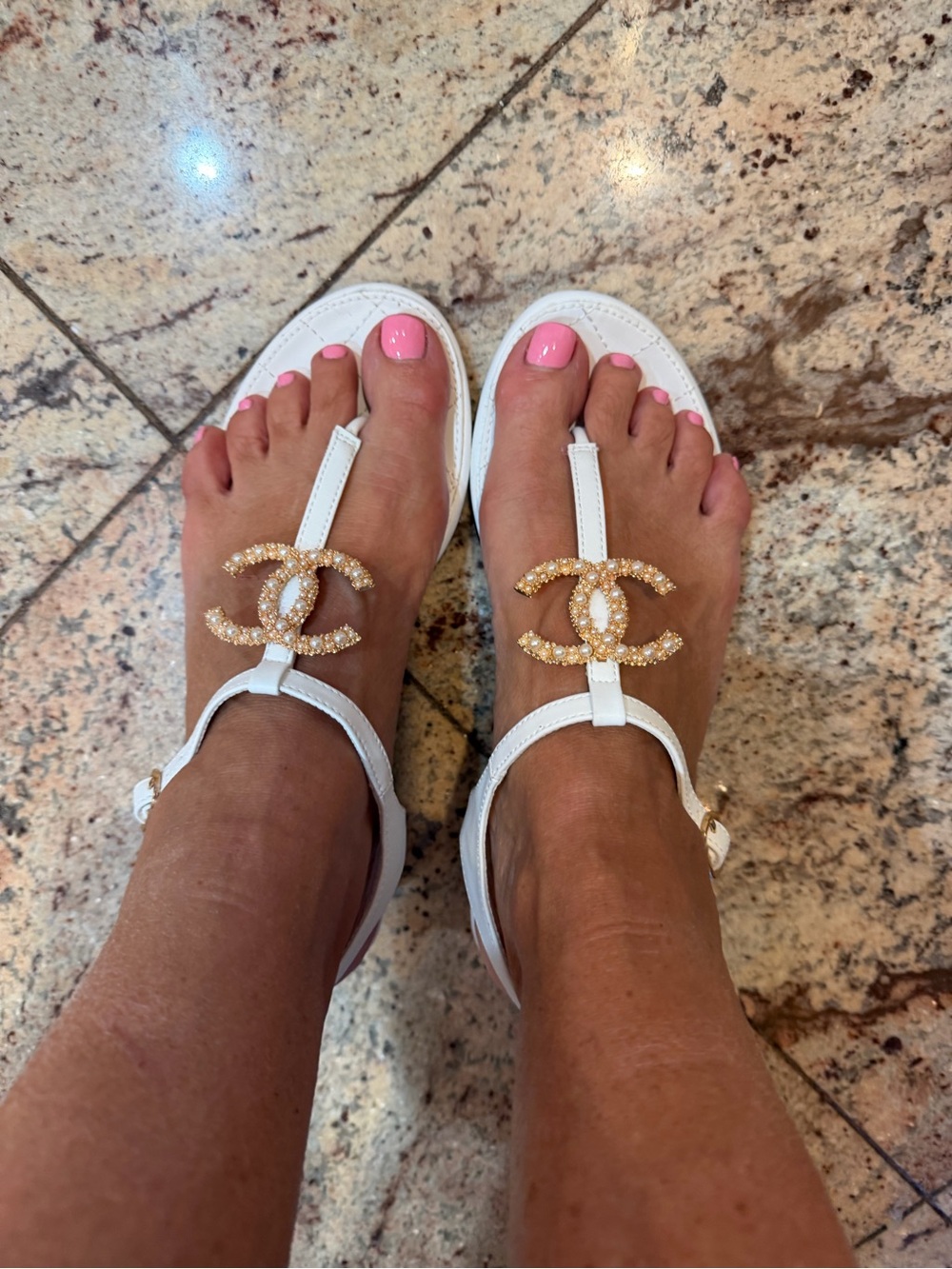 White Women's T-Strap Sandals with Gold Logo Accent size 38